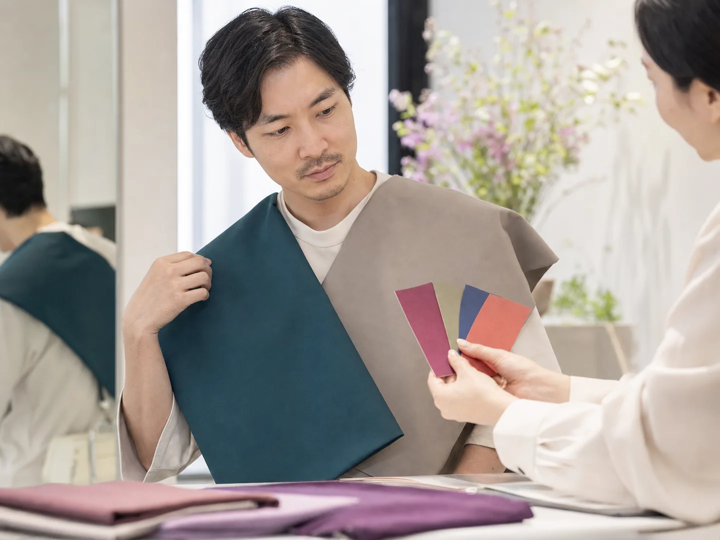 男性がジャケット生地と色見本を比較する相談風景