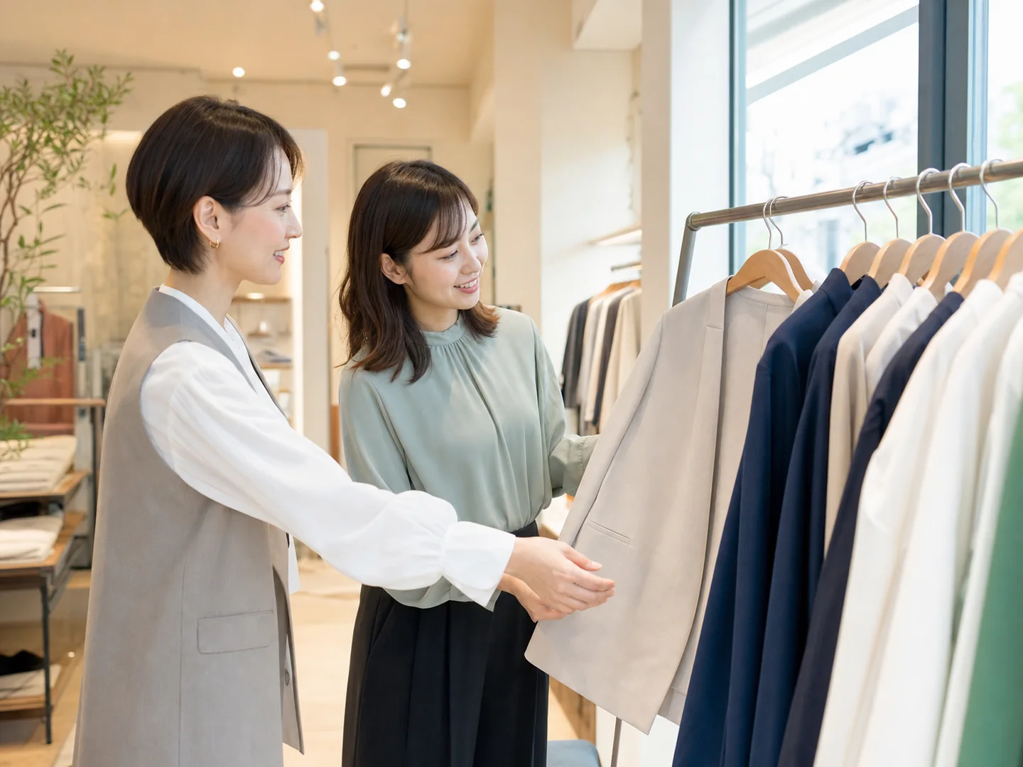 店舗でジャケットを比較するショッピング同行