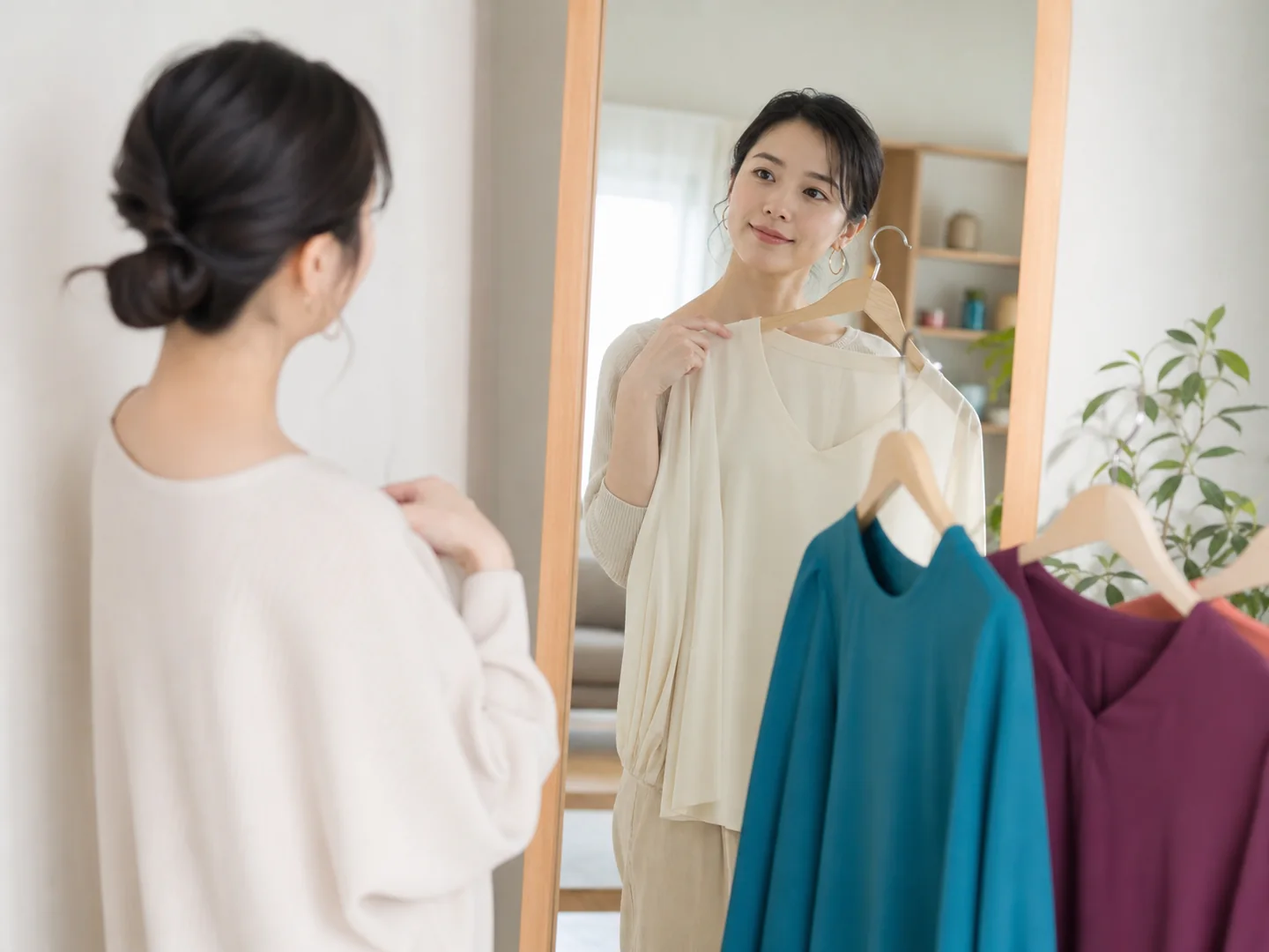 鏡の前で色の異なる服を見比べる女性