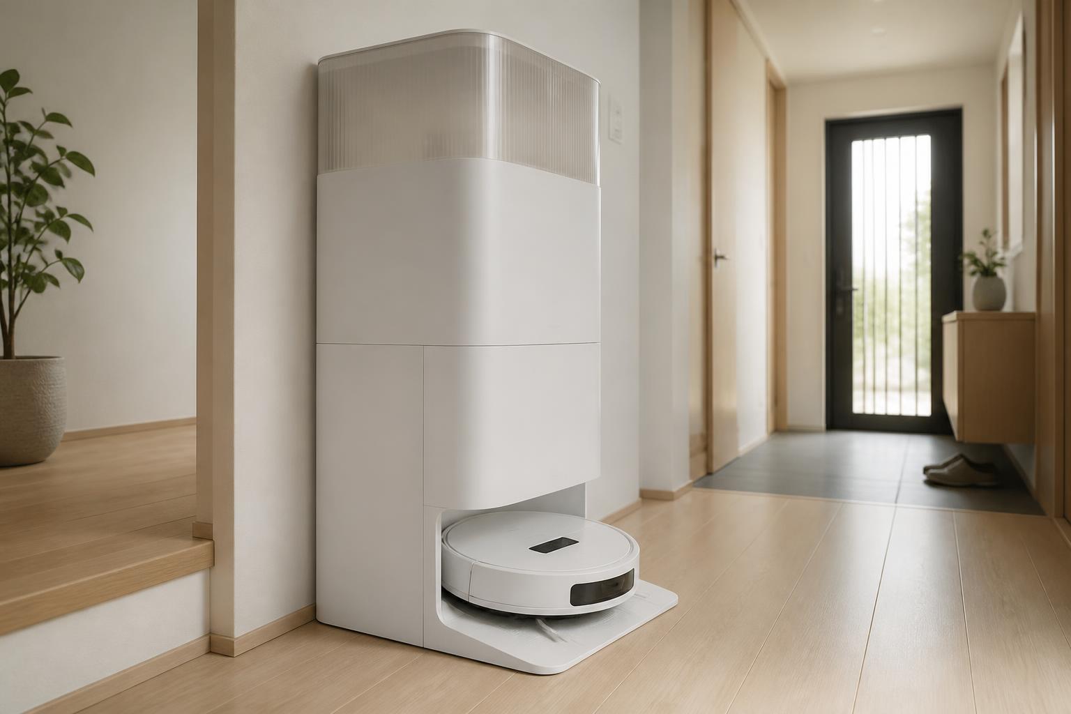 廊下の壁ぎわに立つ大きな自動ゴミ収集ステーションと、その足元に収まったロボット掃除機