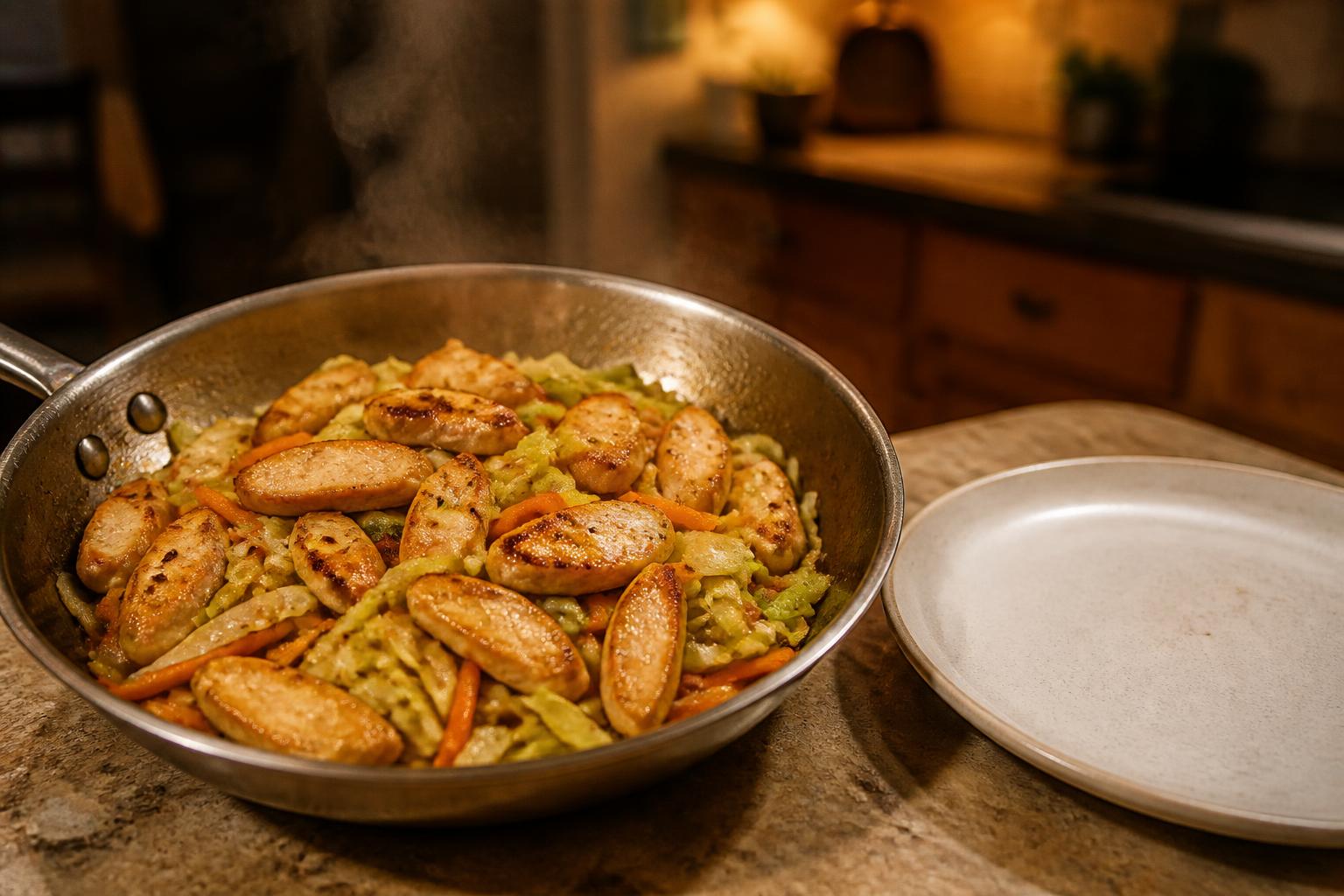 夜の台所。フライパンで鶏肉と野菜を炒め終えたところ