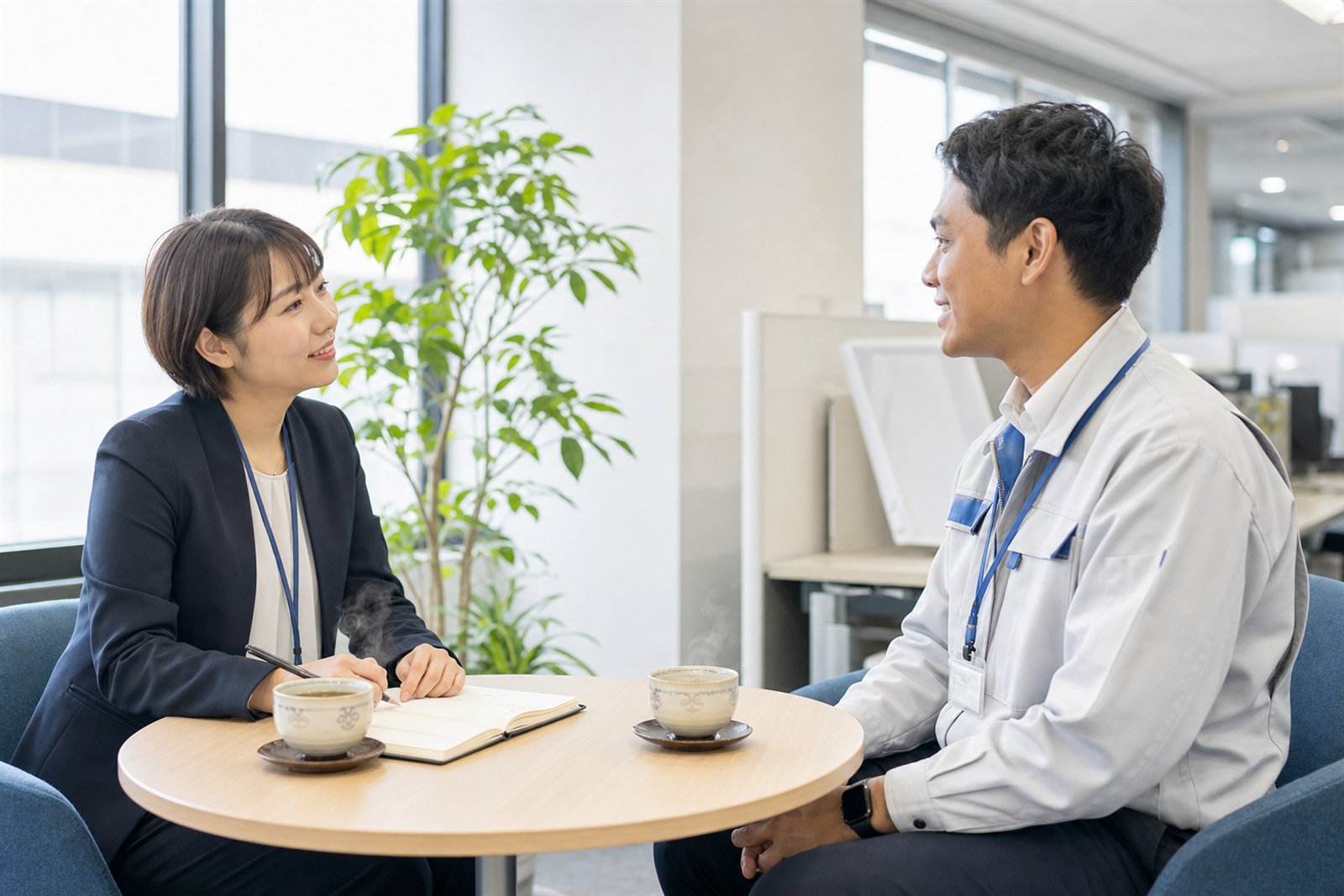 入社後の面談で担当者が社員の相談を聞いている様子