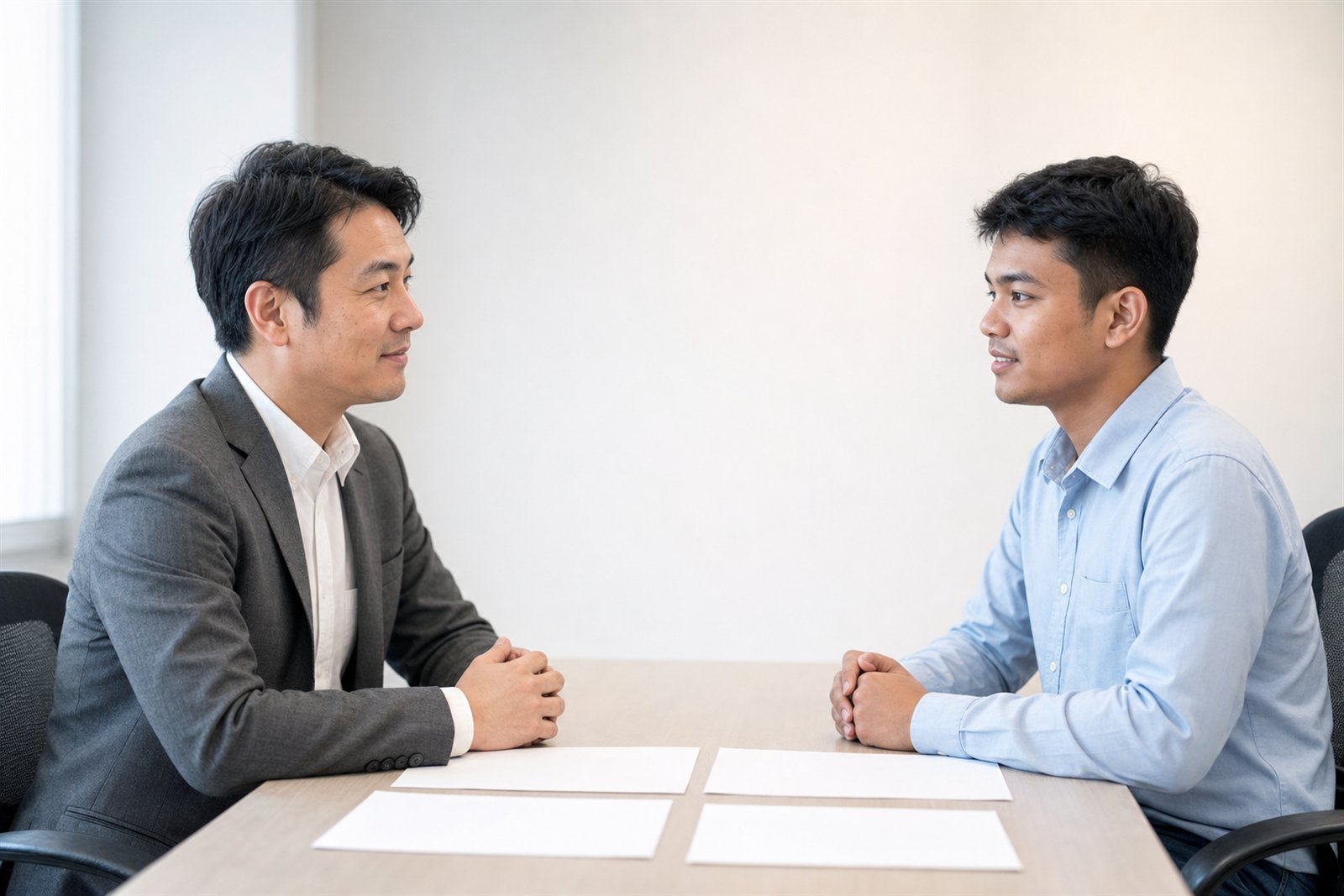 現地で企業担当者と候補者が向かい合って面接している様子