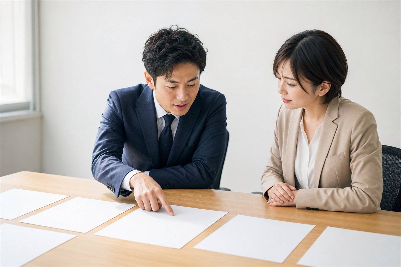 採用条件と進行表を並べて確認する採用担当者2名