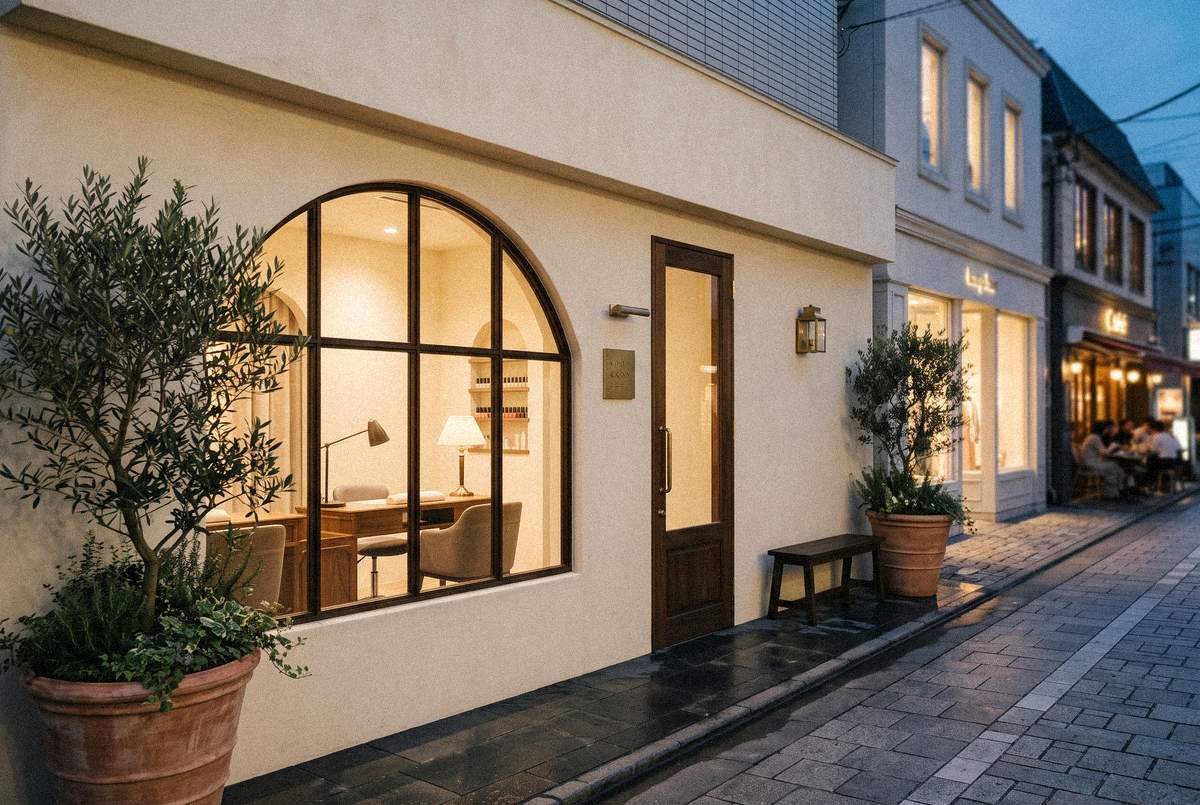アーチ窓から灯りがもれる夕暮れの店構え（デモ用生成画像）