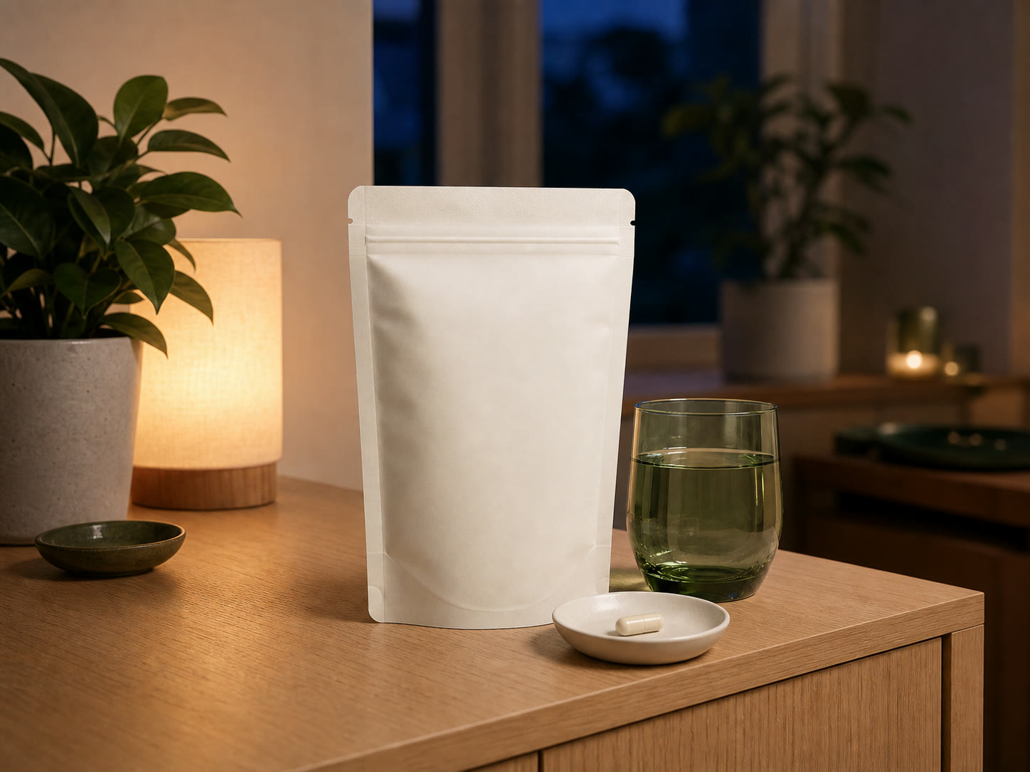 夜の木製カウンターに置いた架空商品スヤミンの白いパウチ、水の入ったグラス、不透明な1粒のカプセル